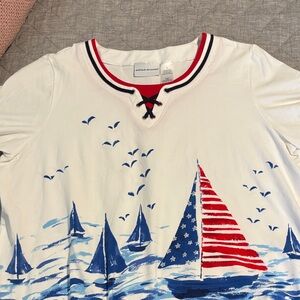 Alfred Dunner womens short Sleeve Sailboat Tee - White and Blue